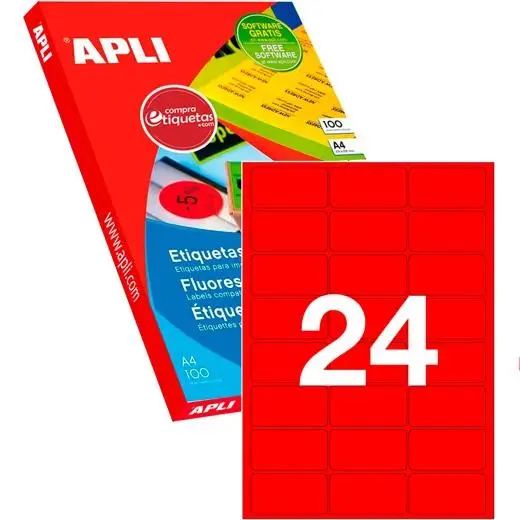 APLI ETIQUETAS DE ADHESIVO PERMANENTE 64X33,9 MM CANTOS ROMOS ROJO FLUORESCENTE -100 HOJAS-
