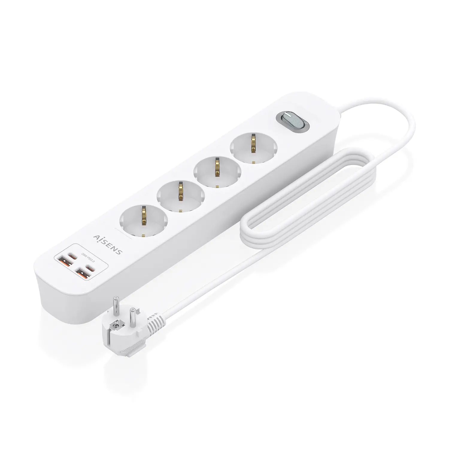 Regleta de Enchufes Multifuncion con 4 Tomas + Cargador PD3.0 20W 2xUSB-C, 2xUSB-A, 1.4m, Blanco