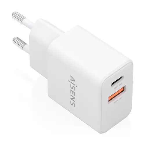Cargador GaN 20W, 1xUSB-C PD3.0, 1xUSB-A QC3.0, Blanco - Imagen 1