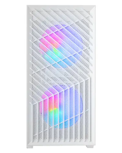 MC- VORTEX, Caja Gaming MicroATX, Frontal Mesh Geométrico, Ventana Lateral Cristal Templado, 3x Ventiladores FRGB Rainbow 120mm, Minitorre PC Compacta con Diseño Doble Cámara, Blanco - Imagen 1