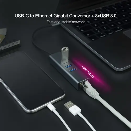 Conversor USB-C a Ethernet Gigabit + 3XUSB 3.0, Aluminio, Gris, 15 cm - Imagen 3