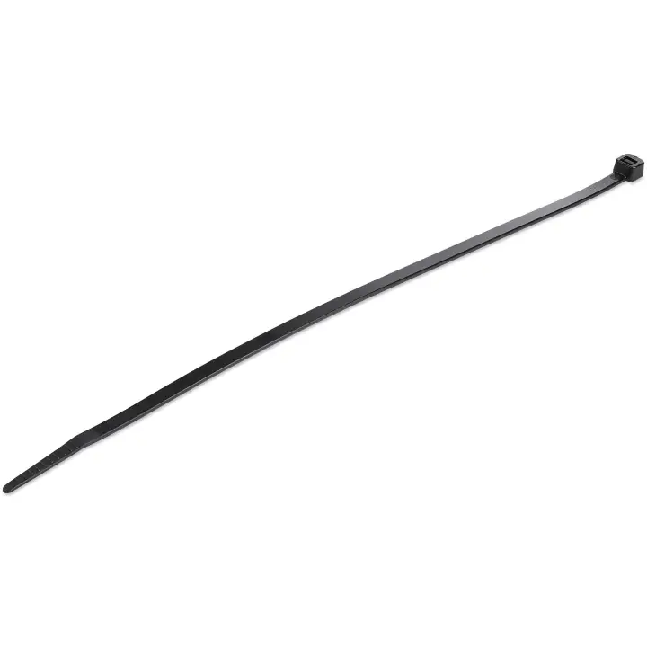 Bridas de 25cm para cables - 4 mm de ancho, 68 mm de diámetro, soportan 22 kg de tensión, de nylon, cierre automático y punta curva, 94V-2/UL, paquete de 100 - negras