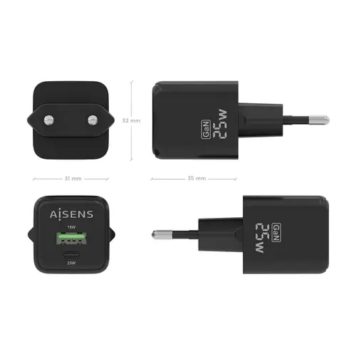 Cargador GaN 25W, 1xUSB-C PD3.0 QC4.0, 1xUSB-A QC3.0, Negro - Imagen 4