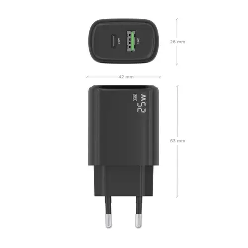 Cargador GaN 25W, 1xUSB-C PD3.0, 1xUSB-A QC3.0, Negro - Imagen 4