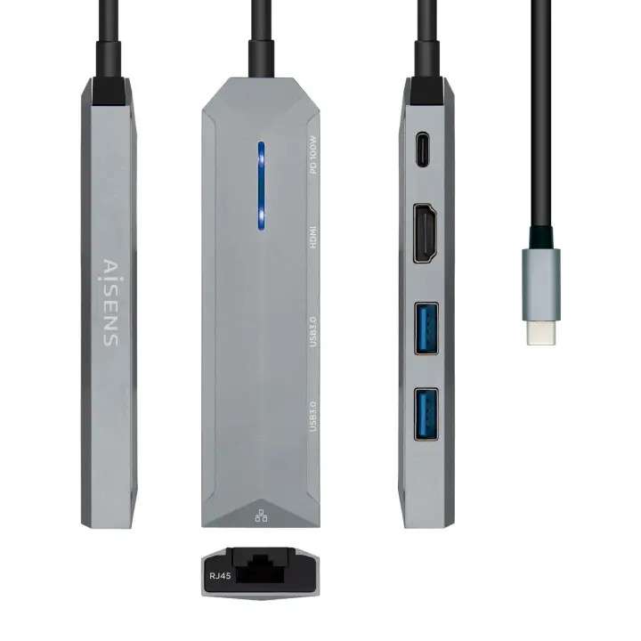USB-C dock 5 en 1, USB-C a 1xHDMI, 1xRJ45, 2xUSB, 1xPD, Gris, 15 cm