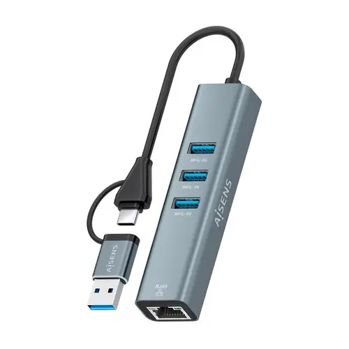 Conversor USB3.2 Gen1 USB-A+USB-C A Ethernet Gigabit 10/100/1000 Mbps + Hub 3xUSB3.0, Gris, 15cm - Imagen 3