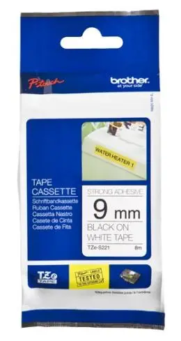 BROTHER CINTA LAMINADA SUPER ADHESIVA TEXTO NEGRO SOBRE FONDO BLANCO ANCHO 9MM LONGITUD 8M
