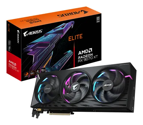 AORUS Radeon RX 9070 XT ELITE 16G Tarjeta Gráfica - 16GB GDDR6, 256 bits, PCI-E 5.0, 3100 MHz Frecuencia Base, 2 x DisplayPort, 2 x HDMI, GV-R9070XTAORUS E-16GD - Imagen 1