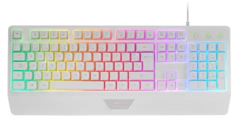 MK124, Teclado Ergonómico H-Mech, Reposamuñecas Integrado, Iluminación FRGB Rainbow, Teclado Gaming Antighosting Avanzado, Teclado PC Completo Multiplataforma, Idioma Español, Blanco