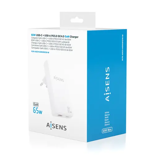 Cargador De Pared GaN Ultra Delgado 65W, 1xUSB-C PD3.0 QC4.0, 1xUSB-A QC3.0, Blanco - Imagen 9