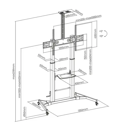 Soporte de Suelo ECO con Ruedas y Manivela, Bandeja para DVD y Soporte de Cámara para Monitor/TV 100Kg de 60-100, Negro - Imagen 4