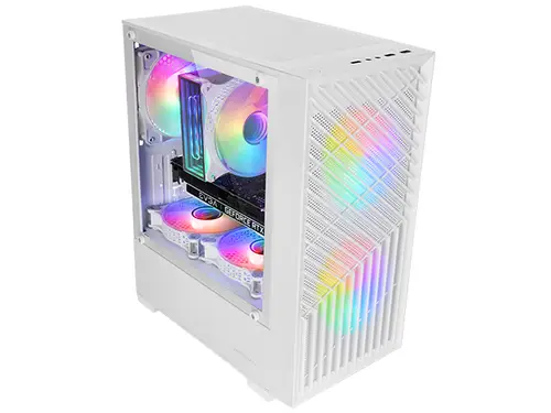 MC- VORTEX, Caja Gaming MicroATX, Frontal Mesh Geométrico, Ventana Lateral Cristal Templado, 3x Ventiladores FRGB Rainbow 120mm, Minitorre PC Compacta con Diseño Doble Cámara, Blanco - Imagen 2