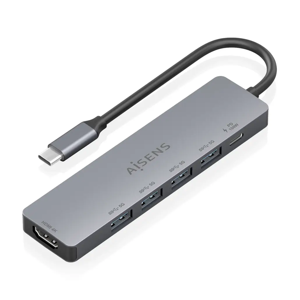 USB-C Dock 6 en 1, USB-C a 1xHDMI, 4xUSB-A, 1xUSB-C PD 100W, Gris, 15cm