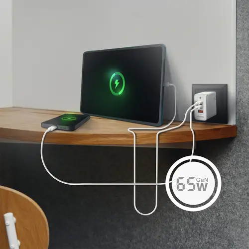 Cargador Gan 65W, 2xUSB-C PD3.0 QC4.0, 1xUSB-A QC3.0, Blanco - Imagen 5