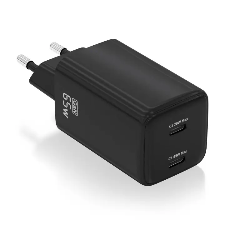 Cargador Gan 65W, 2xUSB-C PD3.0 QD4.0, Negro