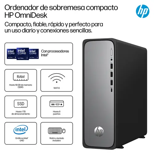 OmniDesk Slim Desktop S03-0020ns PC Intel® Core i3 i3-14100 8 GB DDR5-SDRAM 512 GB SSD FreeDOS Torre Plata - Imagen 1