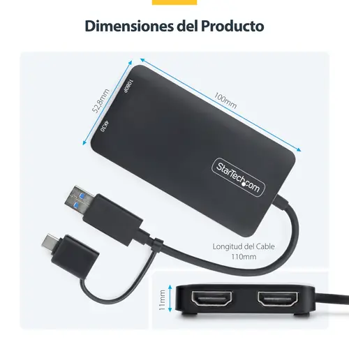 Adaptador de USB a HDMI Doble, USB A/C a 2 Pantallas HDMI (1x 4K30Hz, 1x 1080p), Dongle Integrado USB-A a C, Cable de 11cm, Adaptador USB 3.0 a HDMI, Windows y macOS - Imagen 14