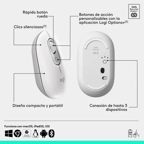 POP Mouse, ratón inalámbrico Bluetooth compacto y portátil con botones programables y clics discretos, tecnología Easy-Switch para alternar hasta 3 dispositivos, portátil, tablet, PC: Blanco - Imagen 6