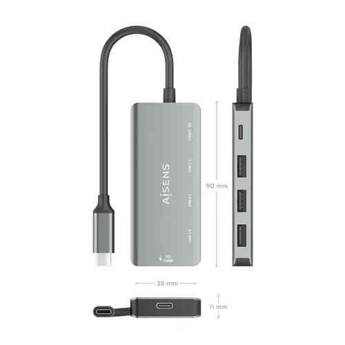 Hub USB 3.1 USB-C, USB-C/M-1xUSB-C PD 100W+1xUSB-C USB3.0/H+3xUSB-A USB2.0/H, Gris, 15cm - Imagen 4