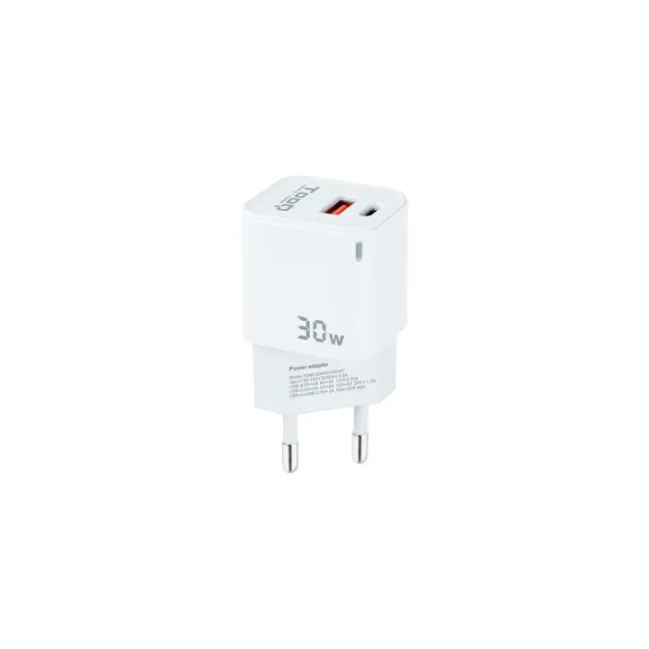 Cargador de Pared GaN USB-C/PD + USB-A/QC 30W, Blanco