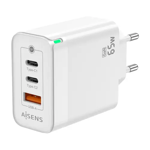 Cargador Gan 65W, 2xUSB-C PD3.0 QC4.0, 1xUSB-A QC3.0, Blanco - Imagen 2