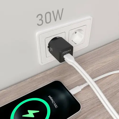 Cargador Gan 30W, 1xUSB-C PD3.0 QC4.0, 1xUSB-A QC3.0, Negro - Imagen 4