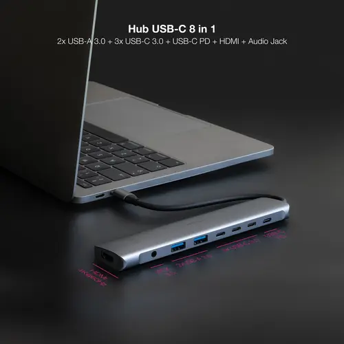 Hub USB-C 8 en 1, Conversor USB-C 3.1 a 2xUSB-A 3.0 + 3xUSB-C 3.0 + USB-C PD + HDMI 4K@60Hz + Audio Jack 3.5, Aluminio, Gris, 18 cm - Imagen 3