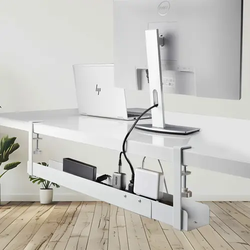 Bandeja Gestionador de Cables Negro - Soporte de Regleta - para Debajo del Escritorio - Ajustable en Longitud - Fijación con Mordaza - Instalación sin Perforaciónes - Blanco - Imagen 7
