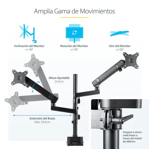 Brazo de Soporte para Dos Monitores - Base Soporte de Movimiento Articulado y Altura Ajustable para 2 Monitores VESA de hasta 32 Pulgadas 8kg - Grommet o Mordaza - Imagen 15