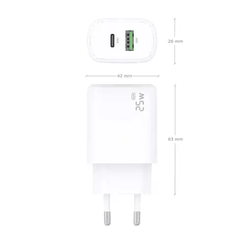 Cargador GaN 25W, 1xUSB-C PD3.0, 1xUSB-A QC3.0, Blanco - Imagen 4