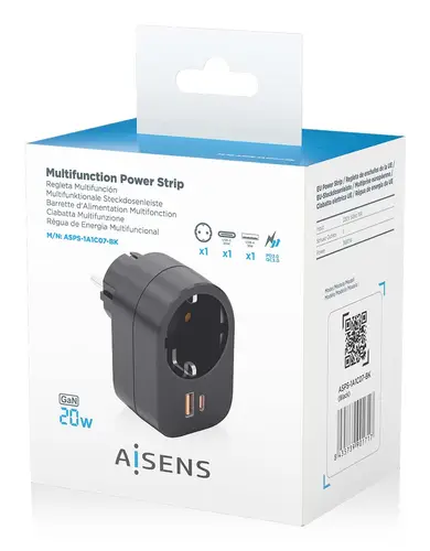 Regleta De Pared Multifuncion Con 1 Toma + 1xUSB-C 20W PD3.0, 1xUSB-A 20W QC3.0, Negro - Imagen 7