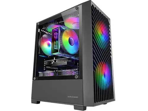 MC- VORTEX, Caja Gaming MicroATX, Frontal Mesh Geométrico, Ventana Lateral Cristal Templado, 3x Ventiladores FRGB Rainbow 120mm, Minitorre PC Compacta con Diseño Doble Cámara, Negro - Imagen 2