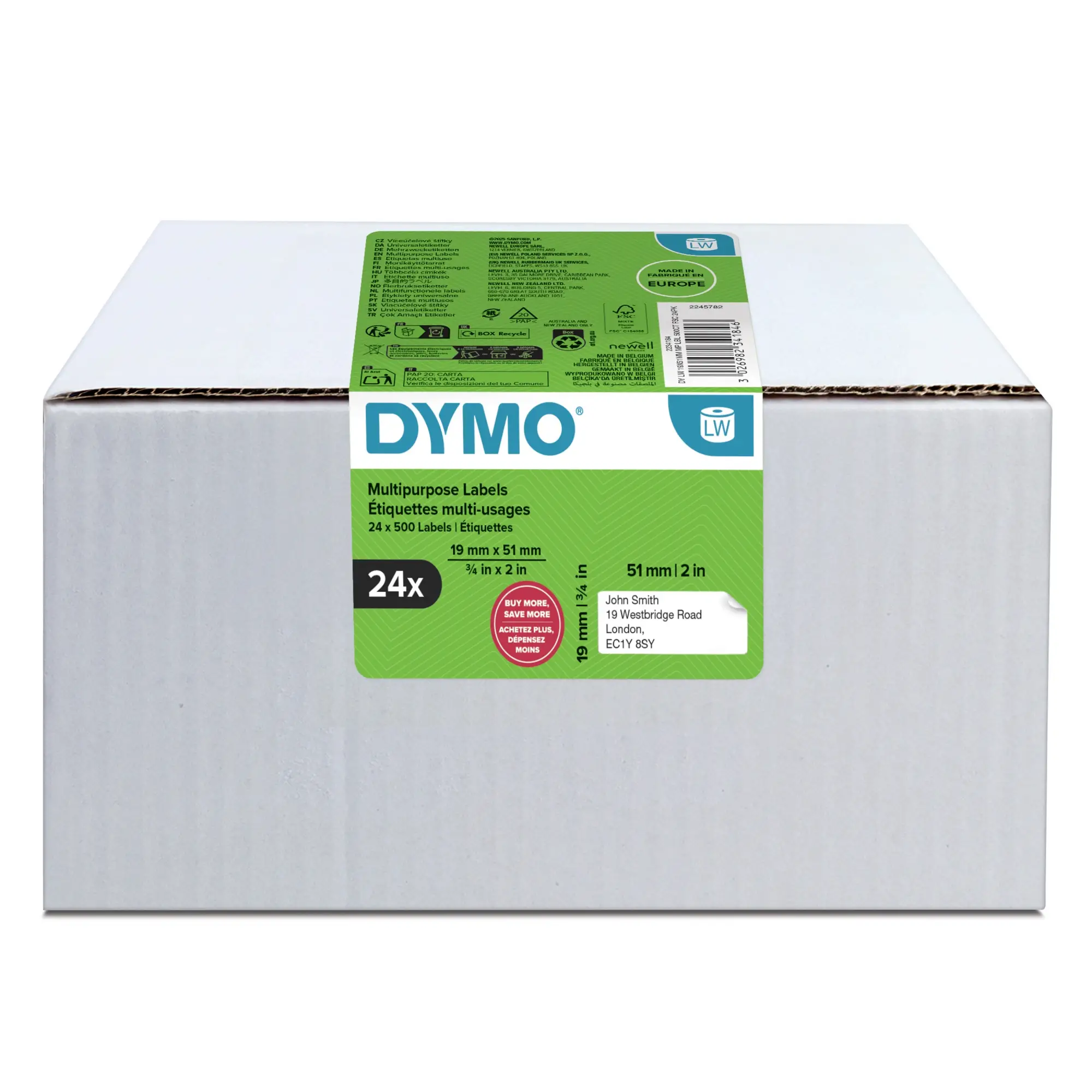 LW etiquetas auténticas multiusos/de dirección del remitente | 19 mm × 51 mm |24 rollos de 500 etiquetas con reverso fácil de retirar (12.000 unidades) | para etiquetadoras LabelWriter