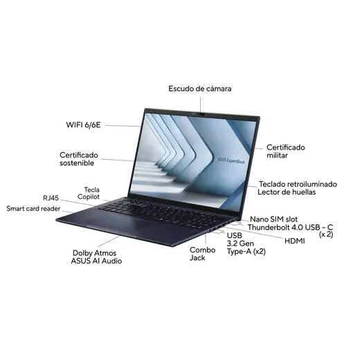 ExpertBook B5 B5604CMA-Q90194X - Ordenador Portátil 16" WUXGA (Intel Core Ultra 5 125H, 16GB RAM, 512GB SSD, Arc Graphics, Windows 11 Pro) Negro Estrella - Teclado QWERTY español - Imagen 3