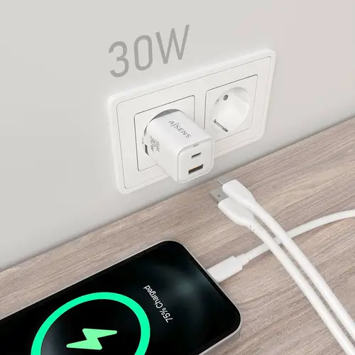 Cargador Gan 30W, 1xUSB-C PD3.0 QC4.0, 1xUSB-A QC3.0, Blanco - Imagen 4