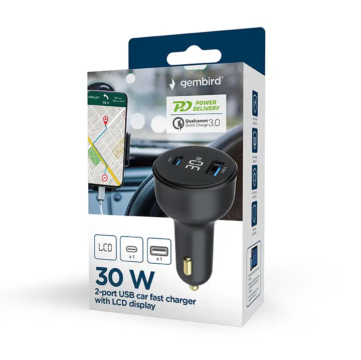 TA-UC-AC2PD30LCD-CAR-01 cargador de dispositivo móvil Universal Negro Encendedor de cigarrillos Carga rápida Auto