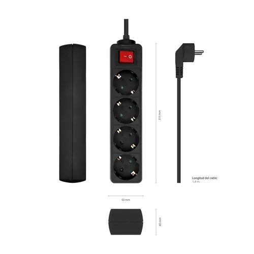 Base Multiple 4 Tomas con Interruptor con Cable 3×1.5mm2, Negro, 1.4 m - Imagen 3