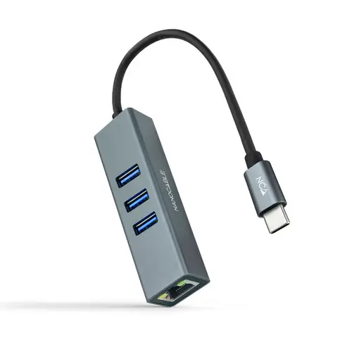 Conversor USB-C a Ethernet Gigabit + 3XUSB 3.0, Aluminio, Gris, 15 cm - Imagen 1