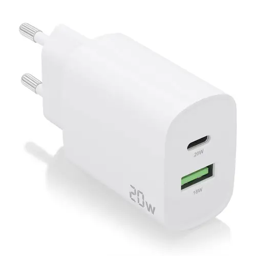 Cargador 20W, 1xUSB-C PD3.0, 1xUSB-A QC3.0, Blanco - Imagen 1