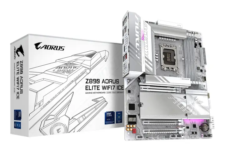 Placa base Z890 AORUS ELITE WIFI7 ICE - Compatible con CPUs Intel Core Ultra (Serie 2), VRM de 16+1+2 fases, hasta 8800MHz DDR5 (OC), 1xPCIe 5.0 + 3xPCIe 4.0, Wi-Fi 7, LAN 2.5GbE, Thunderbolt 4