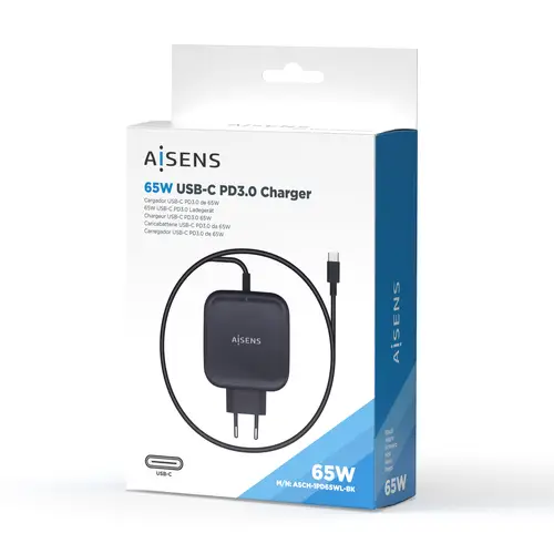 Cargador 65W PD3.0 QC3.0 1XUSB-C 1.2M, Negro - Imagen 3