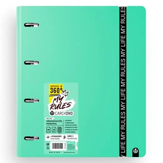CARCHIVO CARPEBLOCK 360 MY RULES CON RECAMBIO 100H A4 5X5 90GR 4 SEPARADORES PP FOAM JADE