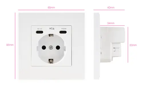 Base de enchufe de pared tipo schuko con 2 USB-C PD - Max. 3.4A, Blanco - Imagen 2