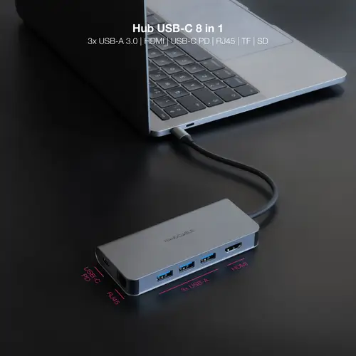 Hub USB-C 8 en 1, Conversor USB-C 3.1 a 3xUSB-A 3.0 + HDMI 4K@60Hz + USB-C PD + RJ45 1Gbps + TF + SD, Aluminio, Gris, 18 cm - Imagen 3