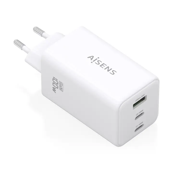 Cargador GaN 100W, 2x USB-C PD3.0 QC4.0 QC5.0, 1x USB-A QC3.0, Blanco