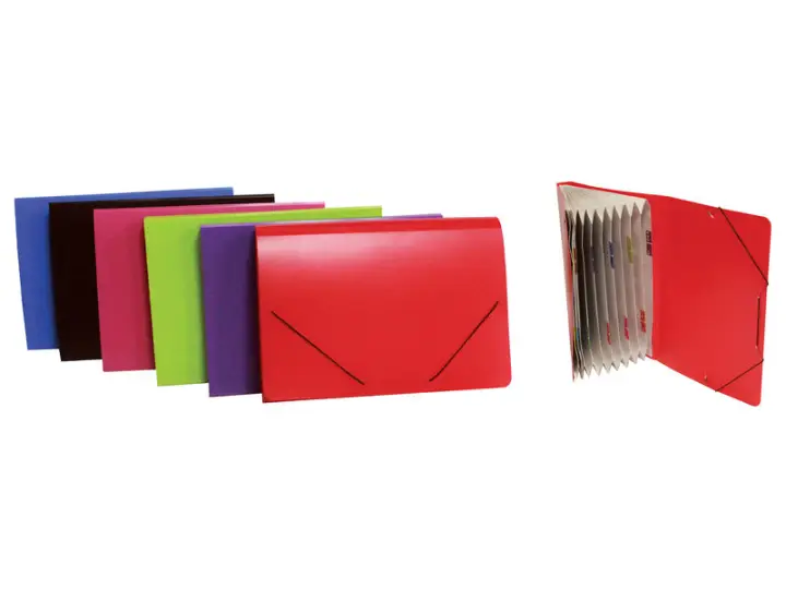 Carpeta pp con fuelle en cartón 12 bolsas cierre con goma 6 colores surtidos 0919PSU