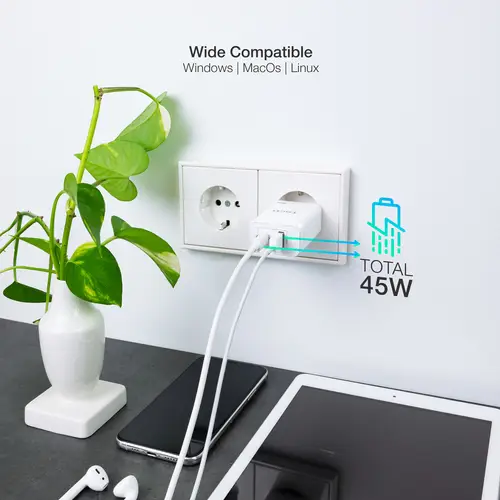 Cargador de Pared GaN USB-C/PD + USB-A/QC 45W, Blanco - Imagen 4