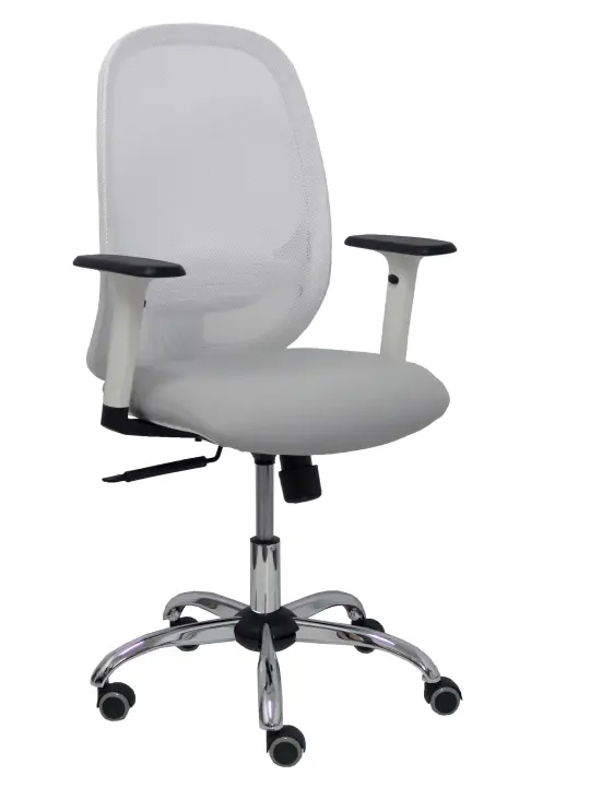 Silla Cilanco blanca malla blanca asiento bali gris brazo regulable base cromada ruedas de parqué