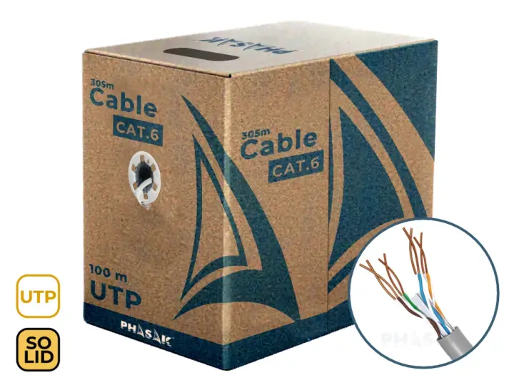 Bobina de Cable de Red 100 m UTP Sólido AWG23 Cat.6 CCA - PHR 6100