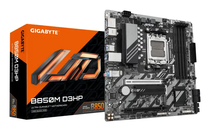 B850M D3HP Placa Base - Procesadores AMD Ryzen Serie 9000, 5+2+2 fases VRM digitales, hasta 8200MHz DDR5 (OC), 1xPCIe 5.0 + 1xPCIe 4.0 M.2, LAN GbE, USB 3.2 Gen 2